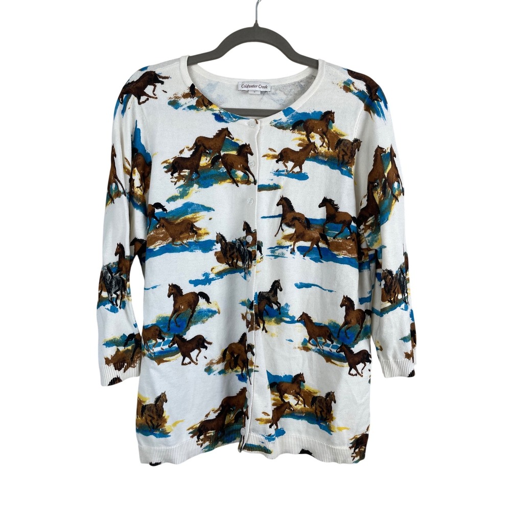 Coldwater Creek Womens M Horse Print Cardigan Sweater White‎ 3/4 Sleeve Cotton